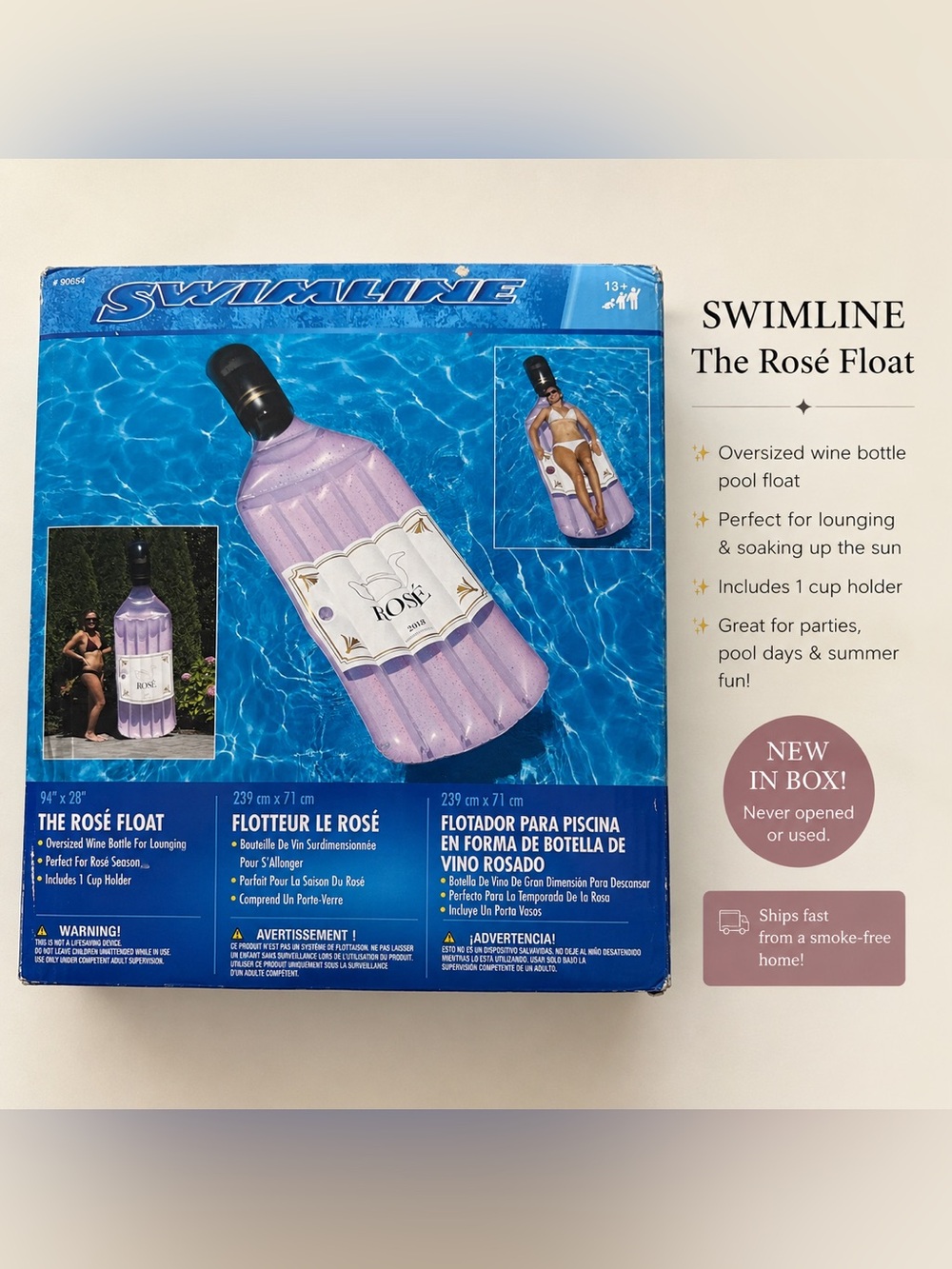 Swimline The Rosé Float -  Wine Bottle Pool Lounger NWT